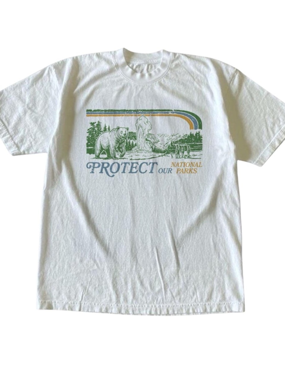 White Graphic Tee with Protect National Parks Green and Gold Nature Print